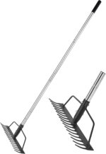 15 Inch Wide Bow Rake, 16 Steel Tines Metal Head Rake Tool with Stainless Steel Handle, Adjustable Long Handle Garden Rake for Loosening Soil Leveling Mulch Gathering Lawns Leaves - Image 2