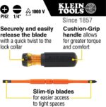 Klein Tools 32293 Insulated Screwdriver, 2-in-1 Screwdriver Set with Flip Blade, #2 Phillips and1/4-Inch Slotted Tips, Double-Ended Blades - Image 3