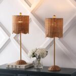 JONATHAN Y JYL1138A-SET2 Celerie 27.5" Coastal Bohemian Rattan/Iron Scalloped Buffet LED Table Lamp with Pull Chain, for Entry Console, Bedroom, Dining Room, Natural/Brass Gold (Set of 2) - Image 4