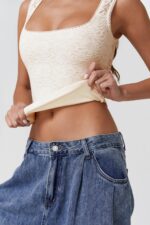 QINSEN Womens Lace Trim Square Neck Sleeveless Tank Tops Double-Layer Slim Fit T Shirt Crop Tops - Image 5