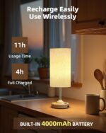 Cordless Table Lamp, Bedside, Dimmable, Touch, Timer, 2700K, Bedroom, Portable, LED, Wireless, Rechargeable, Battery Operated, Desk Lamp, Fabric Shade, Wood-Grain Finish, Living Room, Dining Room - Image 4