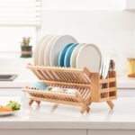 HBlife Dish Rack, Bamboo Folding 2-Tier Collapsible Drainer Dish Drying Rack with Utensils Flatware Holder Set (Dish Rack with Utensil Holder) - Image 3