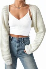 Women Open Front Ribbed Knit Crop Bolero Drop Shoulder Long Sleeve Solid Loose Fit Knitted Crop Cardigan Shrug - Image 9