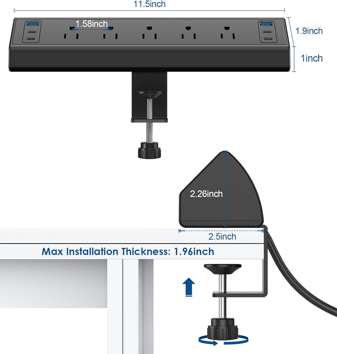 Jgstkcity Desk Clamp Power Strip USB C,40W Total Fast Charging Station,4 PD 20W USB C Ports,Desk Edge Mount Surge Protector,5 Outlets,Fit 1.96" Tabletop Edge,ETL Listed - Image 8