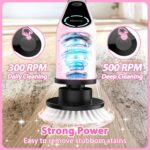 Electric Spin Scrubber, Cordless Cleaning Brush, Shower Scrubber with 8 Replaceable Brush Head, Power Cleaning Brush with Extension Handle, 2 Adjustable Speed, for Bathtub Tile Floor (Pink) - Image 4