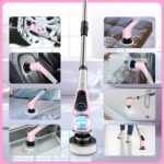 Electric Spin Scrubber, Cordless Cleaning Brush, Shower Scrubber with 8 Replaceable Brush Head, Power Cleaning Brush with Extension Handle, 2 Adjustable Speed, for Bathtub Tile Floor (Pink) - Image 7