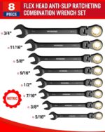 WORKPRO Ratcheting Combination Wrench Set, 8-piece Flex-Head Anti-Slip Set SAE 5/16-3/4 inch, 72-Teeth, Cr-V Constructed, Black Electrophoretic Coating with Rolling Pouch - Image 6
