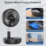 Belife X8 Portable Fan, 7200mAh Battery Powered Rechargeable, Oscillating USB Desk Floor Fan with Remote, Foldable Telescopic Fan for Home Bedroom Sleeping Office Camping Travel, 7.7" (Black) - Image 4
