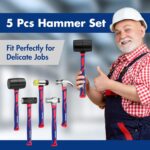 WORKPRO 5-Piece forge/Polish Steel Head, Fiberglass Handle Set - 32oz Rubber Mallet | 16oz Claw & Ball-Peen Hammers | 3lb Sledge | 22oz Double-Faced Mallet - Image 8