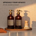16oz Glass Soap Dispenser with Stainless Steel Pump, 21 Waterproof Labels, Non-Slip Protective Silicone Pad, Set of 2 for Bathroom & Kitchen (Amber Bottle/Brushed Gold Pump) - Image 4