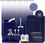 24PC Navy Blue Bathroom Set with Shower Curtain and Rugs, Blue Bathroom Sets Complete with Trash Can,Soap Dispenser,Soap Dish,Toilet Brush,Toothbrush Holder and Cup,Tray,Q-Tip Holders - Image 2