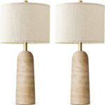 BOBOMOMO 27.25" Modern Table Lamp Set of 2, Beige Resin Lamp with Natural Stone Look, Travertine Lamps for Living Room with Linen Shades, Bedside Lamp for Bedroom, Living Room, Nightstand, Entryway - Image 2