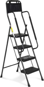 HBTower Step Ladder with Handrails, Folding Step Stool with Attachable Tool Bag & Anti-Slip Wide Pedal for Home Kitchen Pantry Office, Black - Image 2