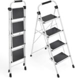 KINGRACK 4 Step Ladder, Folding Step Stool with Anti-Slip and Wide Pedal, Lightweight Stepladder with Handrails, Portable for Kitchen, Household, White - Image 2