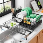 Kitsure Extendable Dish Drying Rack - Rust-Resistant Dish Racks for Kitchen Counter with Adjustable Support Legs, Cutlery Holder & Removable Draining Tray (Black, 15.6''-25.2''L × 16.9''W × 8.1''H) - Image 2