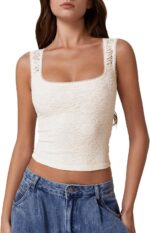 QINSEN Womens Lace Trim Square Neck Sleeveless Tank Tops Double-Layer Slim Fit T Shirt Crop Tops - Image 2