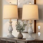 QiMH Farmhouse Table Lamp Set of 2, Rustic Table Lamps for Living Room, Vintage Nightstand Lamp with Rotary Switch, Beside Lamps for Bedroom, Traditional Table Lamps with Linen Shade, Antique Grey - Image 2