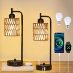 Rattan Table Lamps for Living Room Set of 2, Boho Bedside Lamps with LED Bulbs, USB Charging Ports and Outlet, Farmhouse Nightstand Lamp with Woven Shade, Black Desk Lamp for Bedroom Office - Image 2
