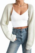 Women Open Front Ribbed Knit Crop Bolero Drop Shoulder Long Sleeve Solid Loose Fit Knitted Crop Cardigan Shrug - Image 2